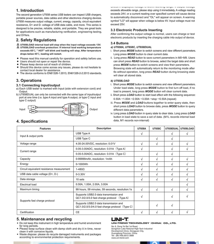 UNI-T UT658Dual Series USB Power Meter Digital Voltage Tester