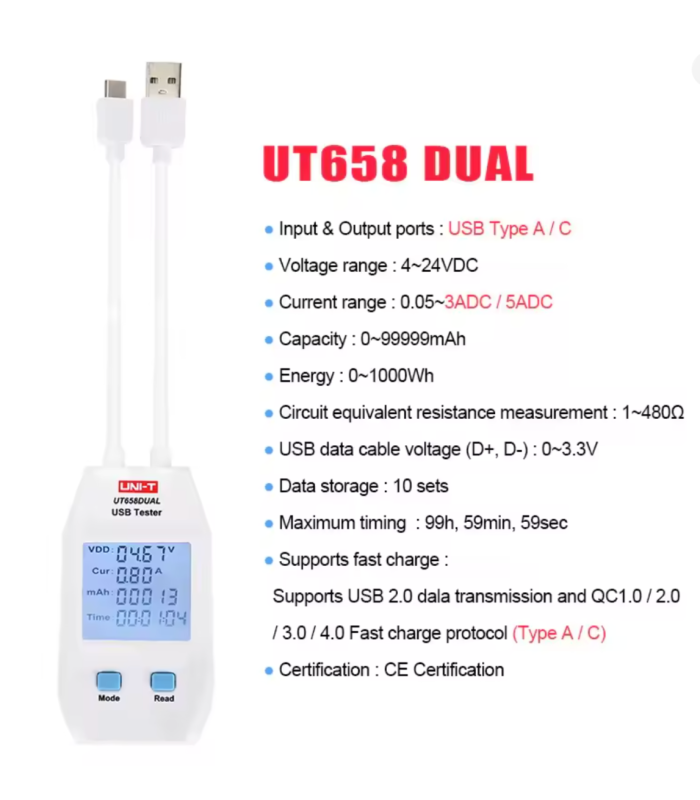 UNI-T UT658Dual Series USB Power Meter Digital Voltage Tester
