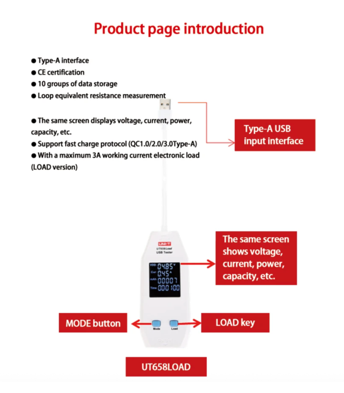 UNI-T UT658Load LCD Digital USB Tester Power Capacity Volt Amp Detector