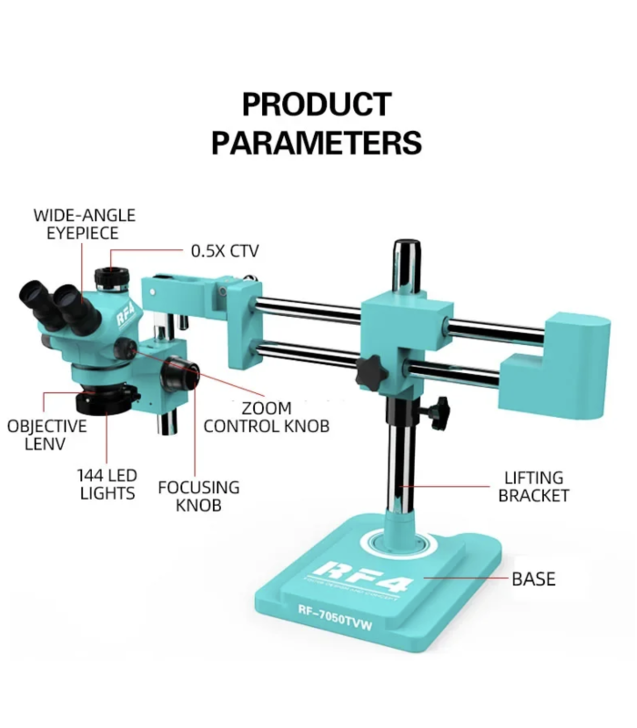 RF4 RF7050TVW Trinocular Stereo Continuous Zoom Industrial Boom Microscope