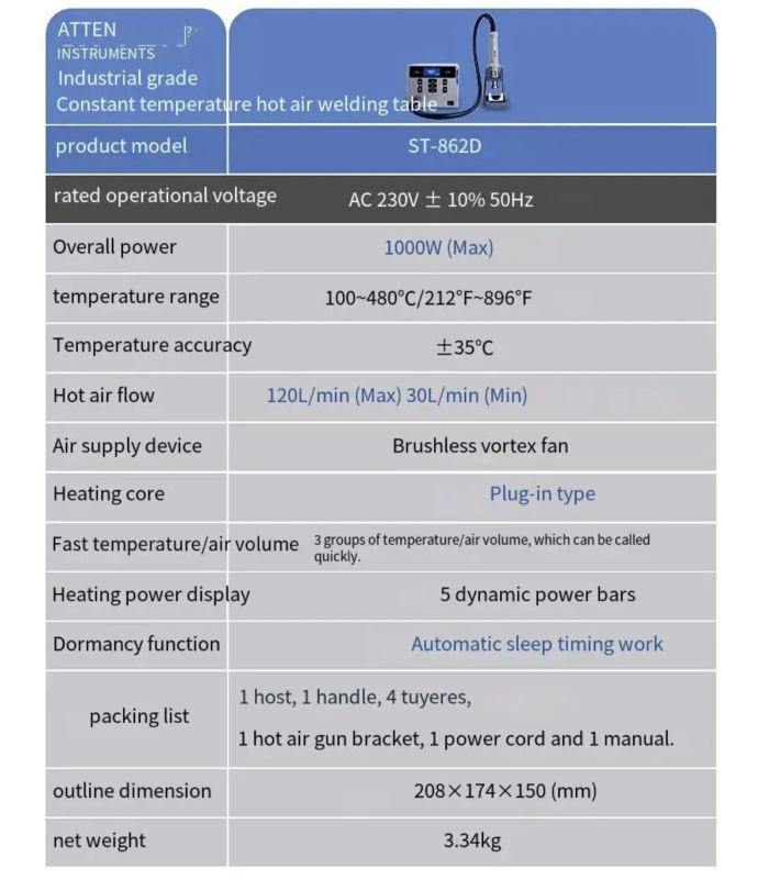 ATTEN ST-862D Hot Air Gun Station 1000W Rework Station SMD